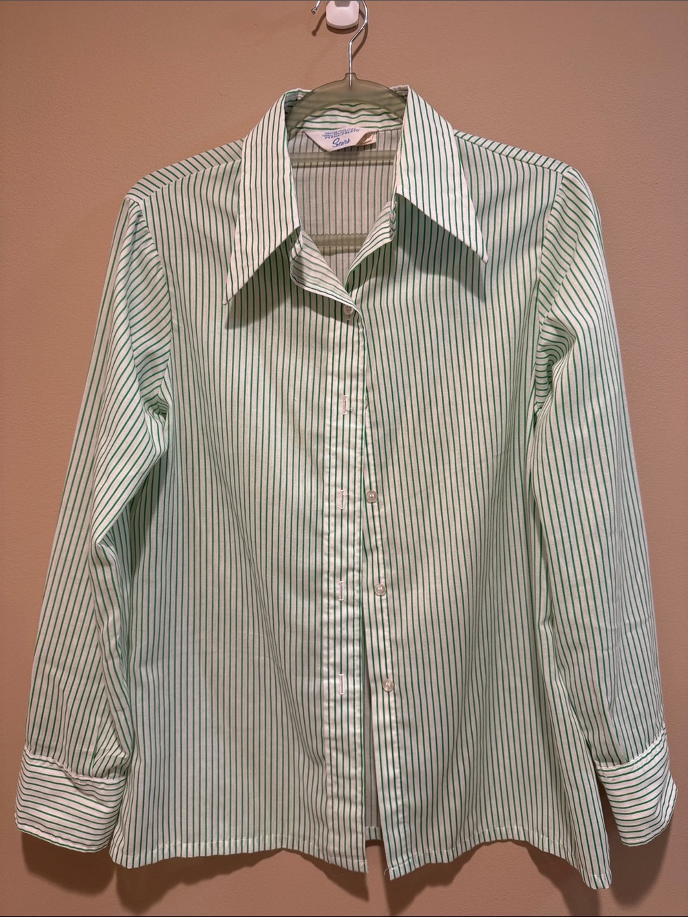 Vintage Sears Green and White Stripe Button-Down Shirt